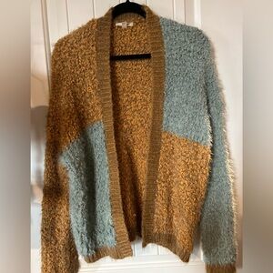 Mystree Two-Tone Bouclé Open Cardigan in Mustard & Sage